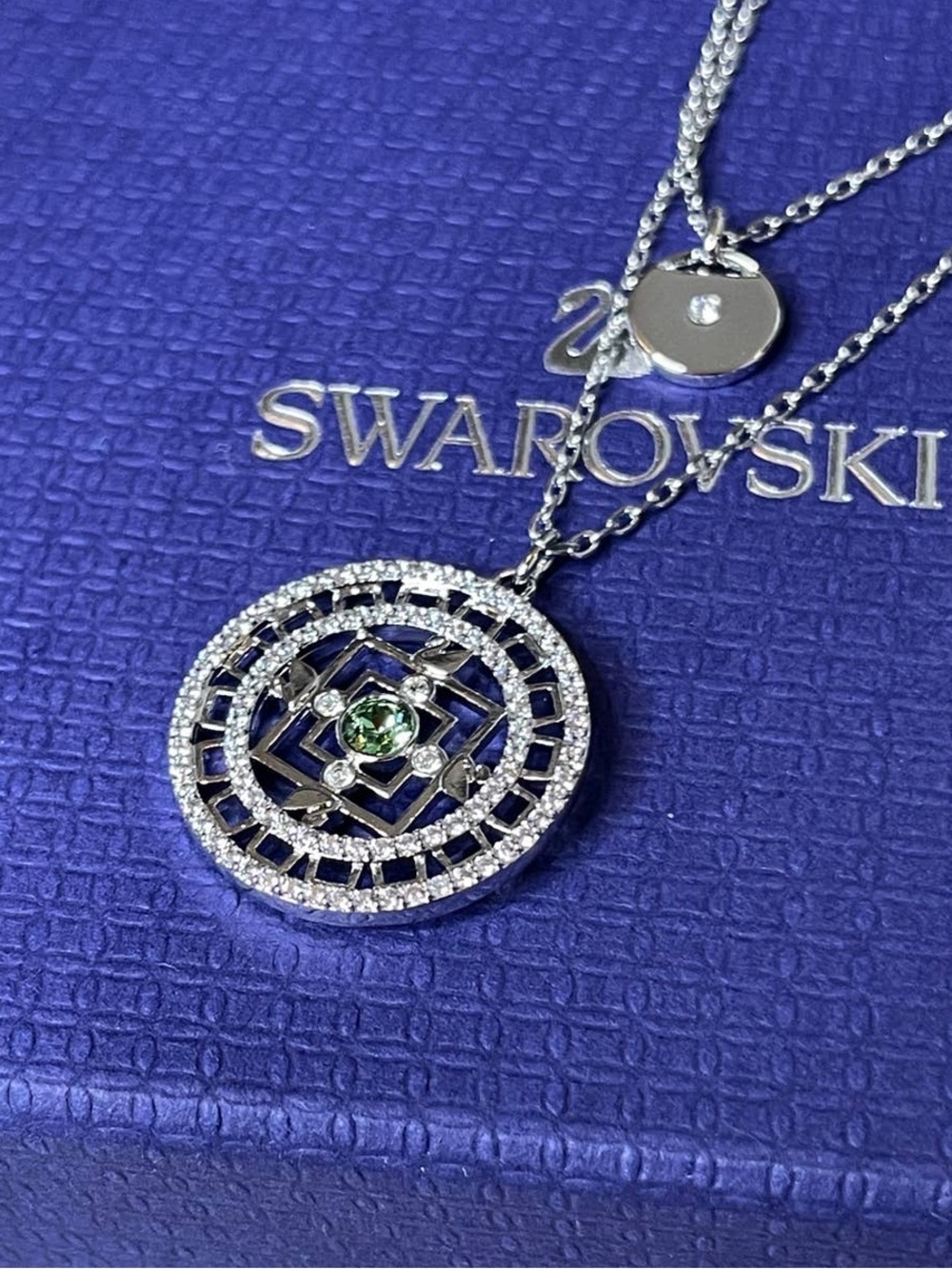 Swarovski Silver-Tone Circle Pendant Necklace with Green Center Crystal